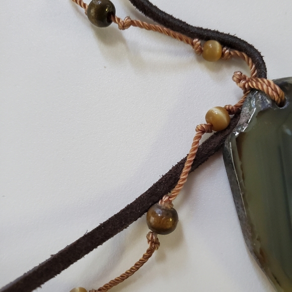 Boho Necklace with Flat Green Stone and Brown Cord - Picture 6 of 7